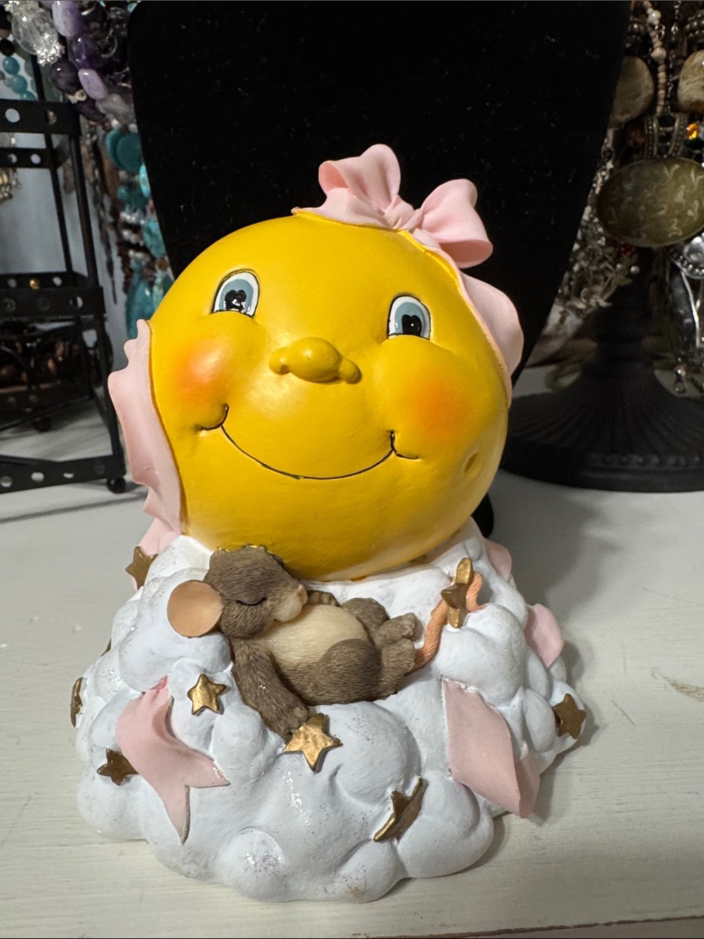Yellow Moon & Stars Bank with Pink Bow and Sleeping Mouse Kids Decor